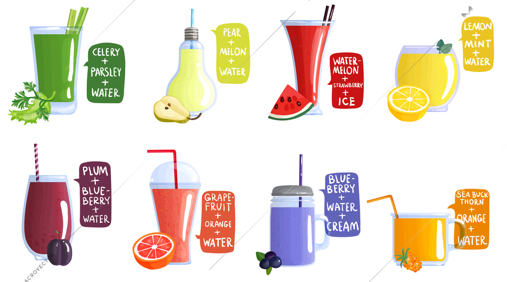 Colored and isolated smoothie recipe icon set composition for the preparation of a beverage vector illustration