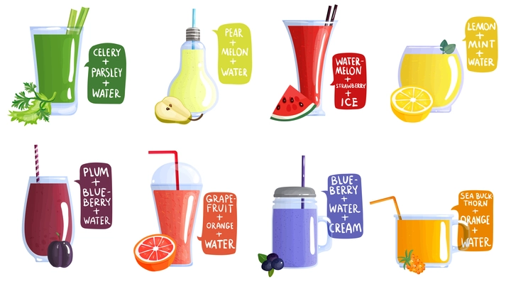 Colored and isolated smoothie recipe icon set composition for the preparation of a beverage vector illustration