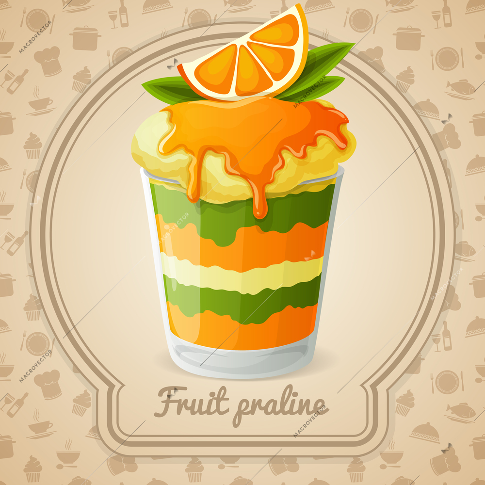 Fruit praline dessert with orange and syrup badge and food cooking icons on background vector illustration