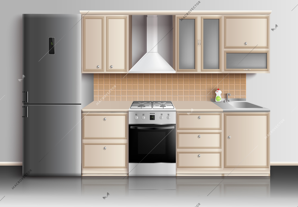 Kitchen furniture realistic interior composition with closed kitchen cabinets fridge sink and gas stove with reflexions vector illustration