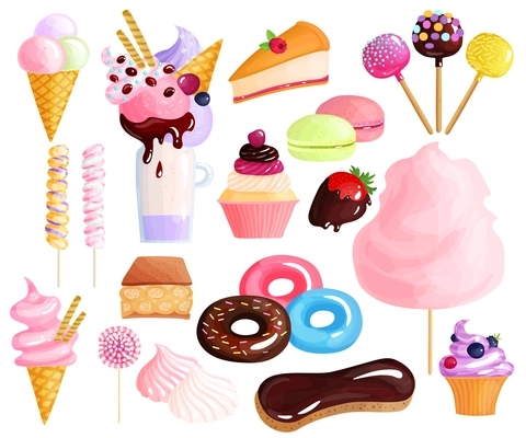 Sweets desserts trendy confection colorful icons collection with donuts eclairs cakes lollies macarons cupcakes isolated vector illustration