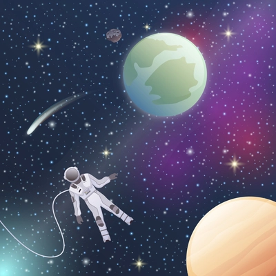 Astronaut in environmental suit in outer space flat composition on dark background with shiny stars vector illustration