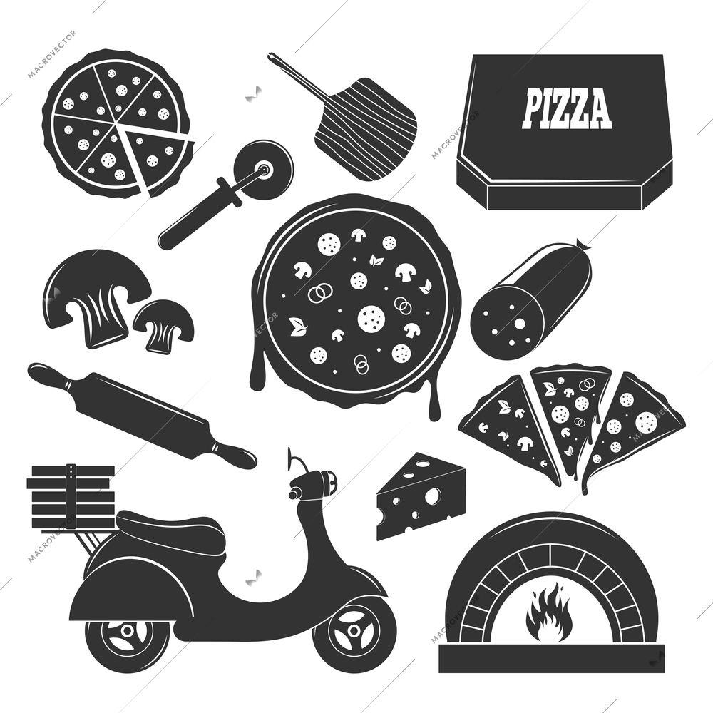 Pizza vintage elements set of flat isolated motorbike pizza slices with filler and flatware monochrome images vector illustration