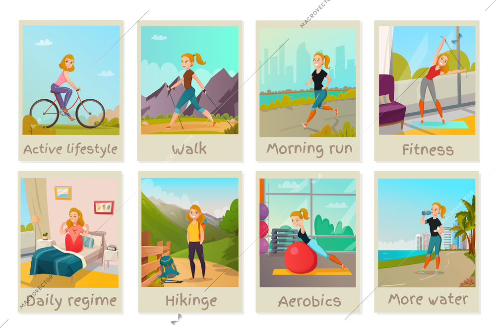 Healthy lifestyle cards set with young female doing presenting good habits isolated vector illustration