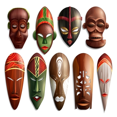 Set of realistic african carved masks from wood with colorful ornament on white background isolated vector illustration