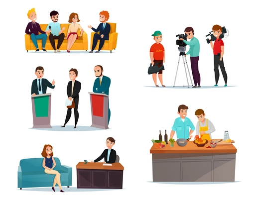 Cartoon set with participants in various talk show isolated on white background vector illustration