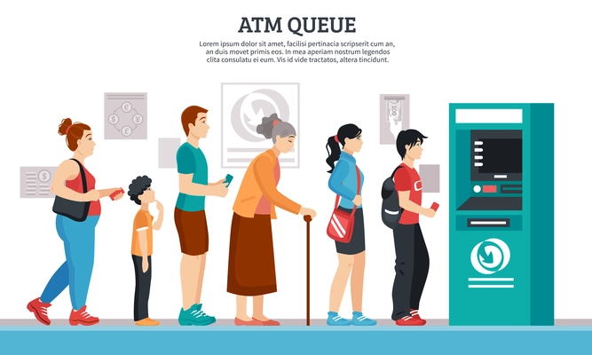 ATM queue with elderly young people and kids flat vector illustration