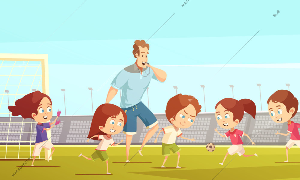 Kids sport cartoon vector illustration with soccer  team playing on football field of stadium under coach management