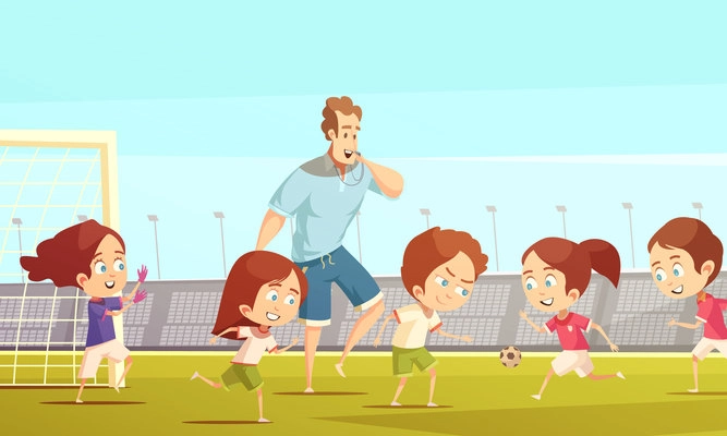 Kids sport cartoon vector illustration with soccer  team playing on football field of stadium under coach management