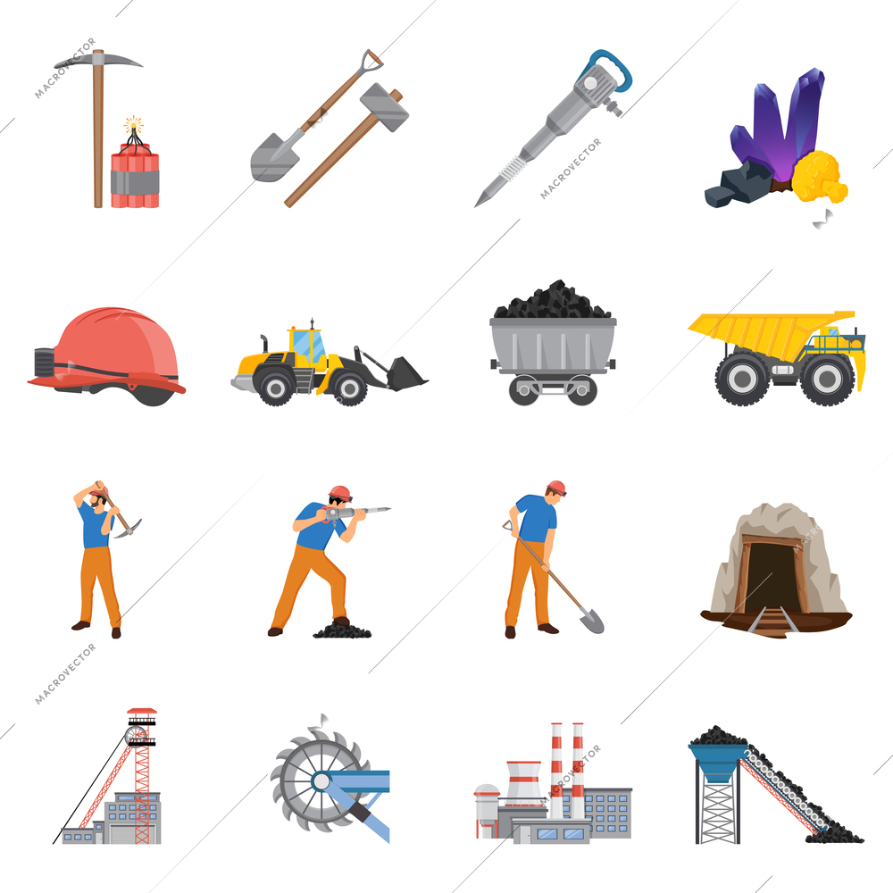 Minerals mining set of flat icons with workers and tools, coal, ore, machinery, factory isolated vector illustration