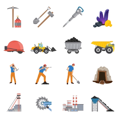 Minerals mining set of flat icons with workers and tools, coal, ore, machinery, factory isolated vector illustration