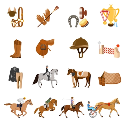 Equestrian sport set of flat icons with trotters, horse gear, care objects, riders, trophies isolated vector illustration
