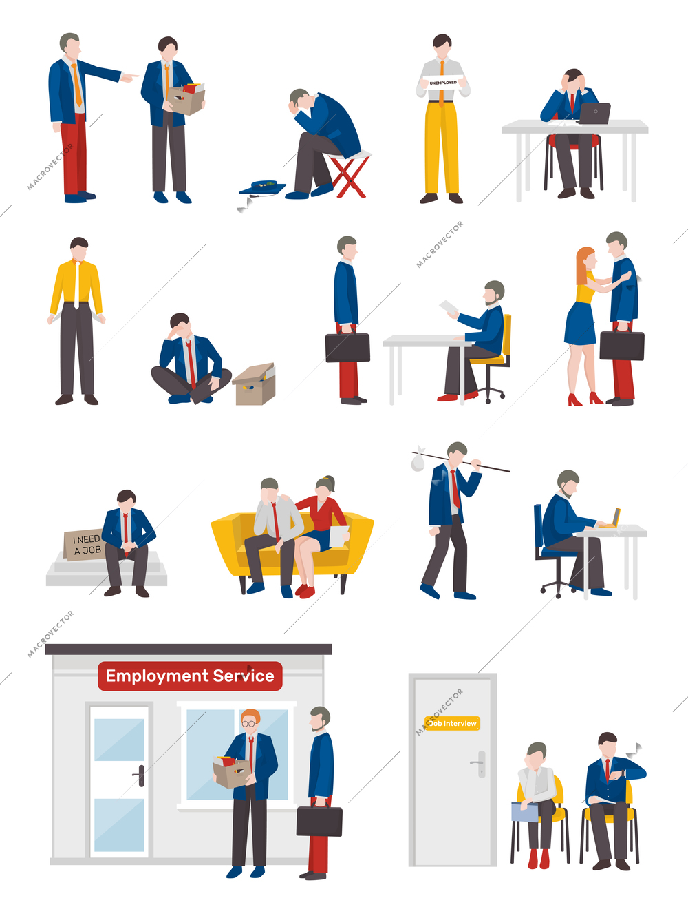 Unemployed people flat collection with isolated human characters of redundant workers in different life situations vector illustration