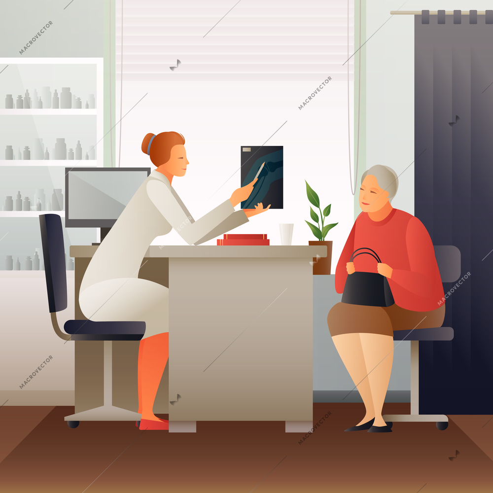 Elderly woman on appointment at young therapist with x-ray of leg flat composition vector illustration