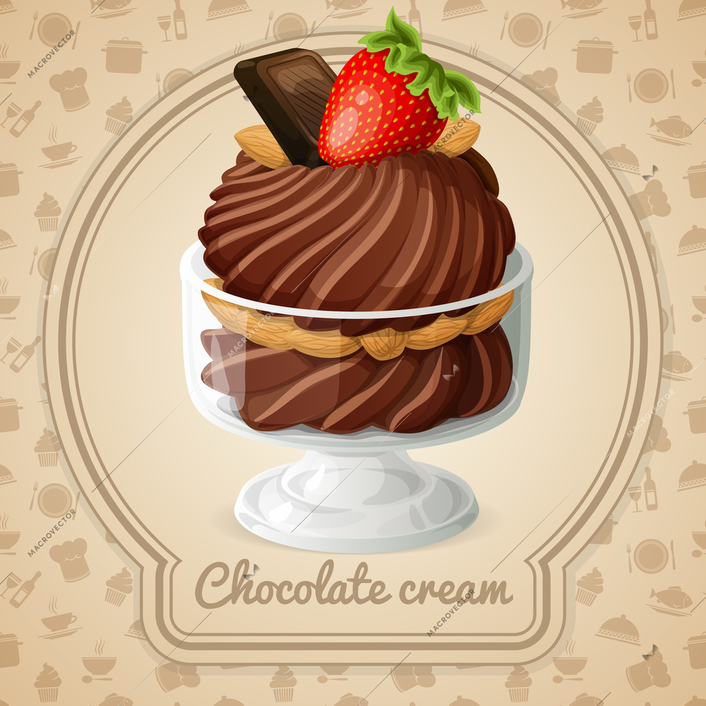 Chocolate cream with nuts and strawberry badge and food cooking icons on background vector illustration