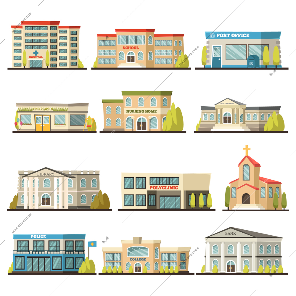 Colored isolated municipal buildings icon set with post office polyclinic college bank library hospital buildings descriptions vector illustration