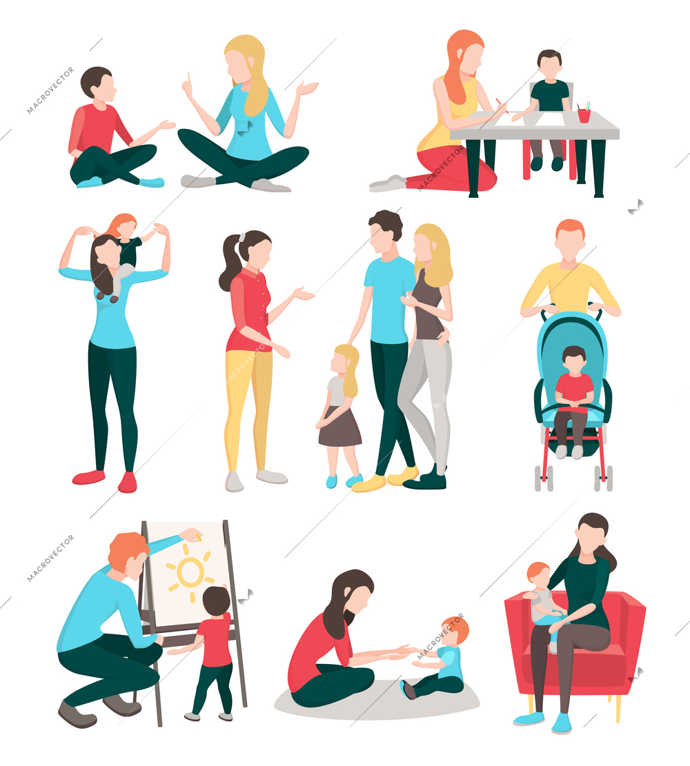 Babysitters people flat images collection with isolated human characters of young family members children and nurses vector illustration