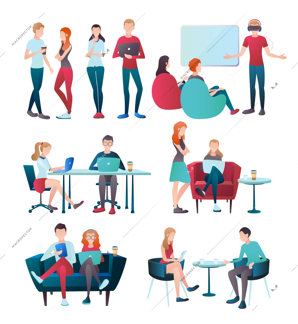 Creative team coworking people gradient flat human characters set with isolated images of young office workers vector illustration