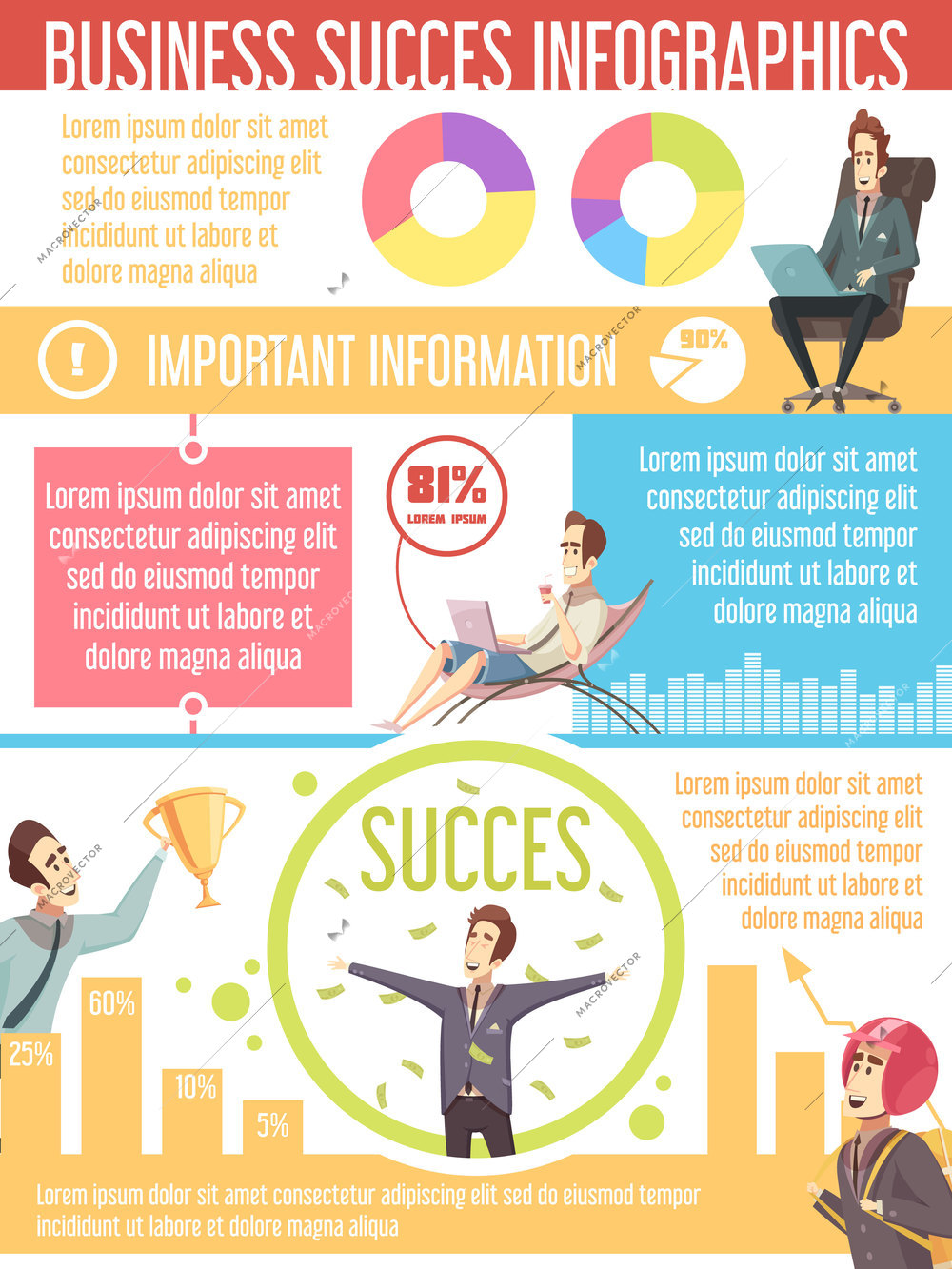 Effective tips for successful business retro cartoon infographic poster with circle diagrams and money rain vector illustration