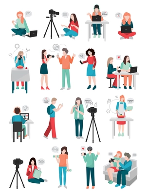 Bloggers people flat set of isolated doodle style characters doing social media activities with thought bubble pictograms vector illustration