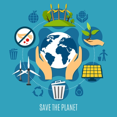 Save the planet concept with ecology and pollution symbols flat vector illustration