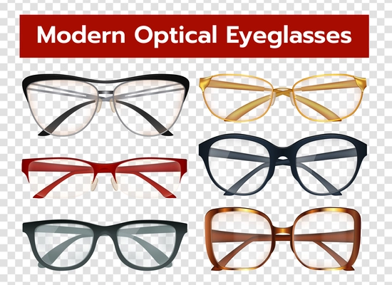 Classic modern optical eyeglasses with colorful frames for men and women isolated on transparent background realistic vector illustration