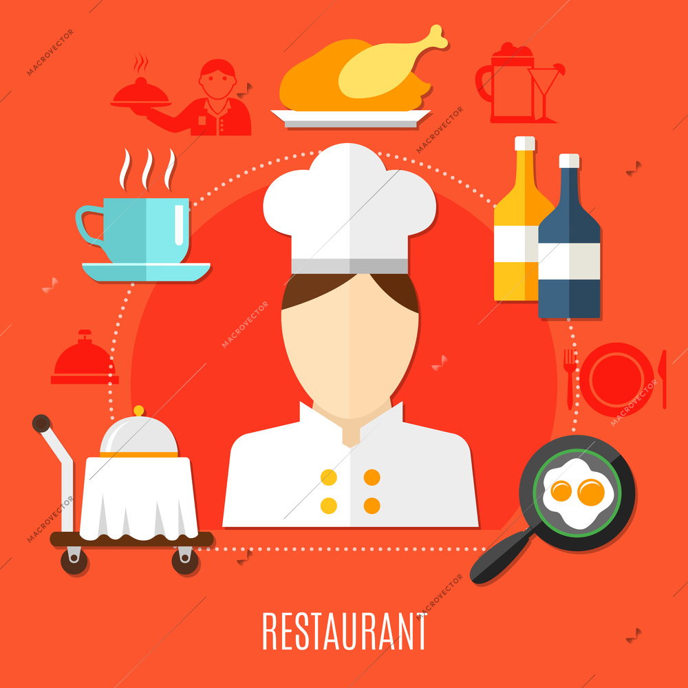 Restaurant business in hotel decorative icons set with waiter figurine truck with hot dish frying pan with scrambled eggs vector illustration