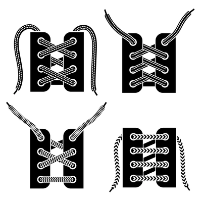 Criss-cross and trendy straight bar army boots shoe lacing 4 black icons set isolated vector illustration