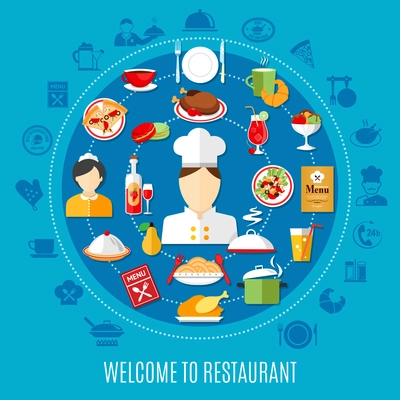 Icons of chef waiter and various restaurant menu dishes on blue background flat vector illustration
