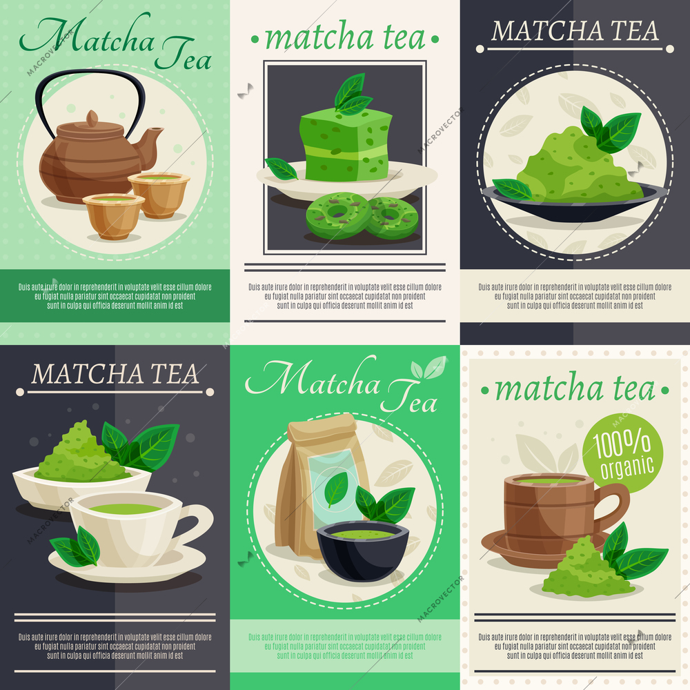 Japanese tea ceremony 6 mini banners poster with  green matcha powder teapot cups dessert set isolated vector illustration