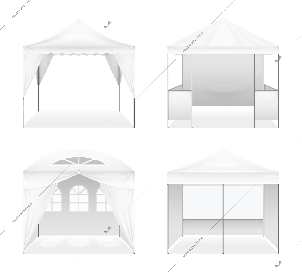 Set of realistic outdoor folding tents of various design including arched windows, domed roof isolated vector illustration