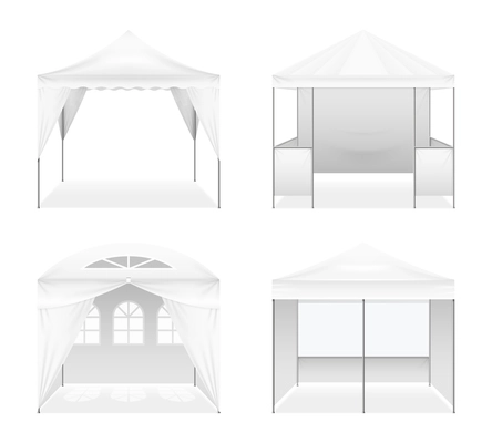 Set of realistic outdoor folding tents of various design including arched windows, domed roof isolated vector illustration