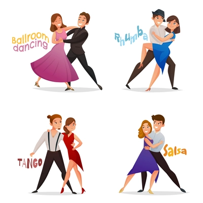 Dancing pairs 4 retro cartoon icons set with tango salsa and ballroom waltz steps isolated vector illustration