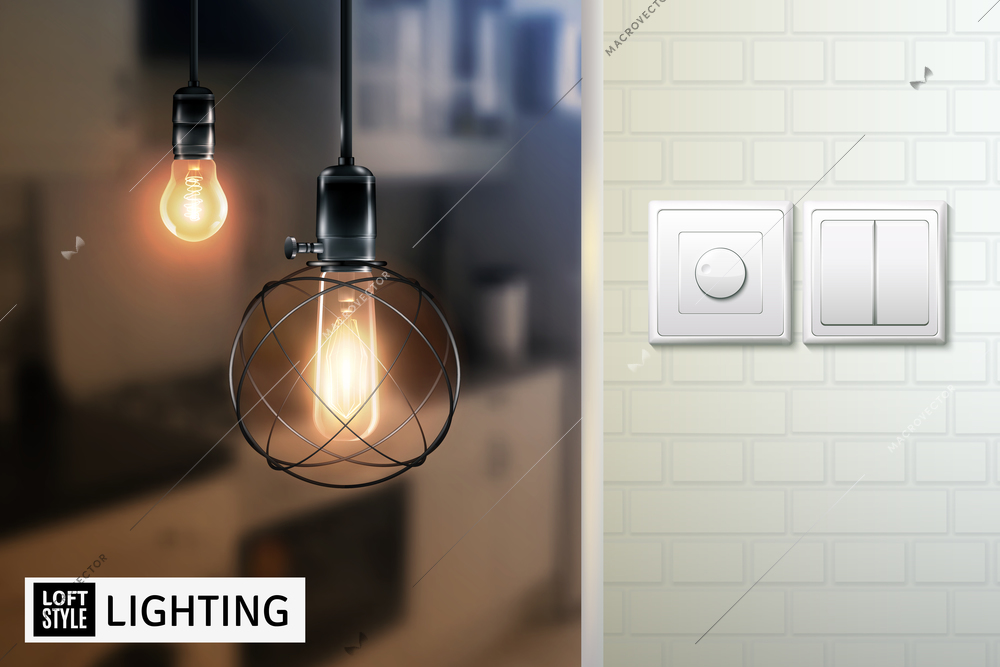 Poster with lamps in loft style on blurred background and switches on white brick wall vector illustration