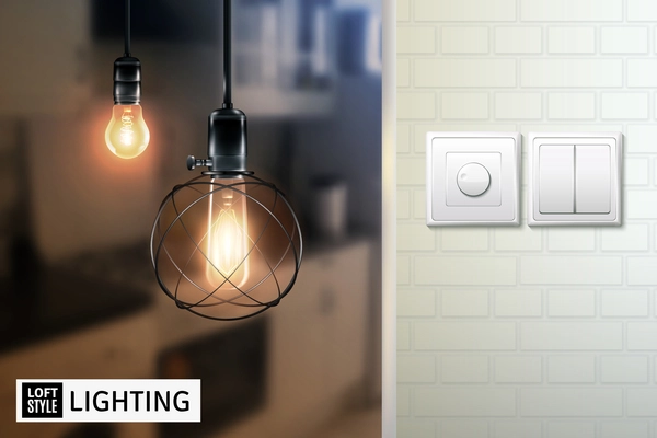 Poster with lamps in loft style on blurred background and switches on white brick wall vector illustration