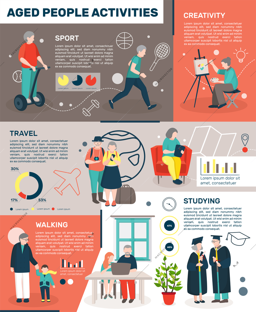 Modern aged people flat infographics with doodle style images of elderly people creative lifestyle with editable text vector illustration