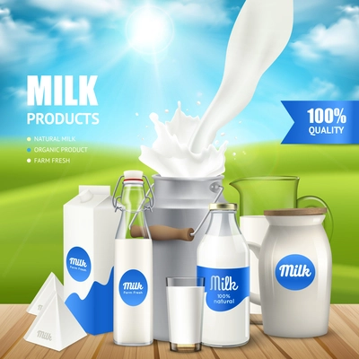 Poster with milk products at wooden table on background of blue sky and green pasture vector illustration