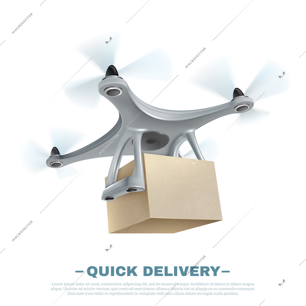 Realistic quick delivery drone quadcopter shipping box on white background vector illustration