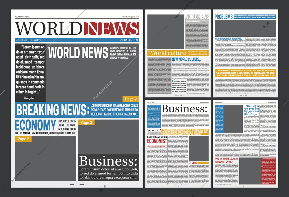 Newspaper online template design with world business news economy headlines and blank spaces for images realistic vector illustration