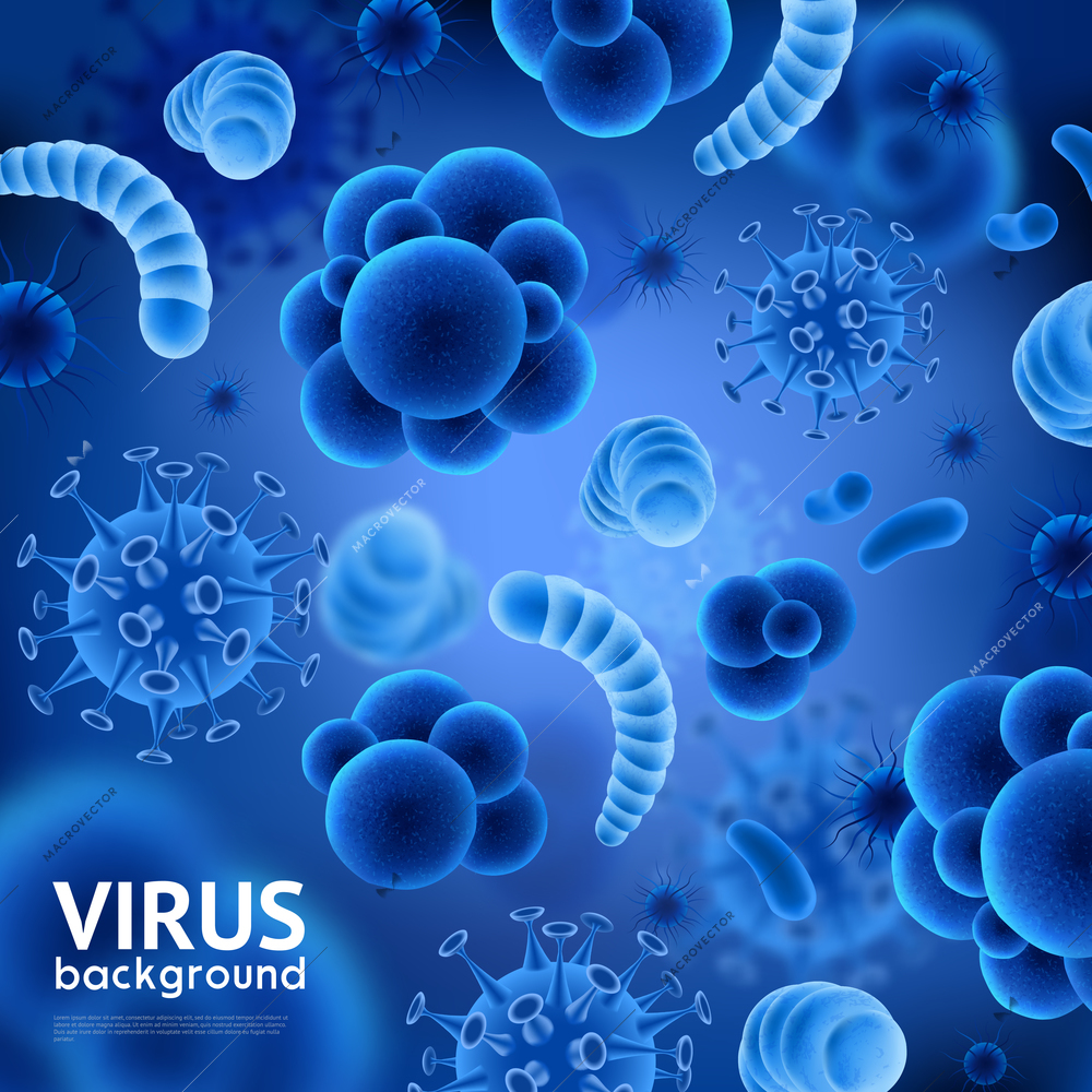 Realistic microscopic viruses of various shape on blue blurred background seamless pattern 3d vector illustration