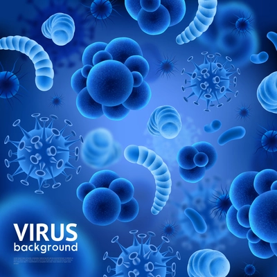 Realistic microscopic viruses of various shape on blue blurred background seamless pattern 3d vector illustration