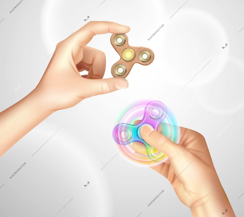 Fidget spinner device in hand and rotating between fingers on light blurred bubbles background realistic vector illustration