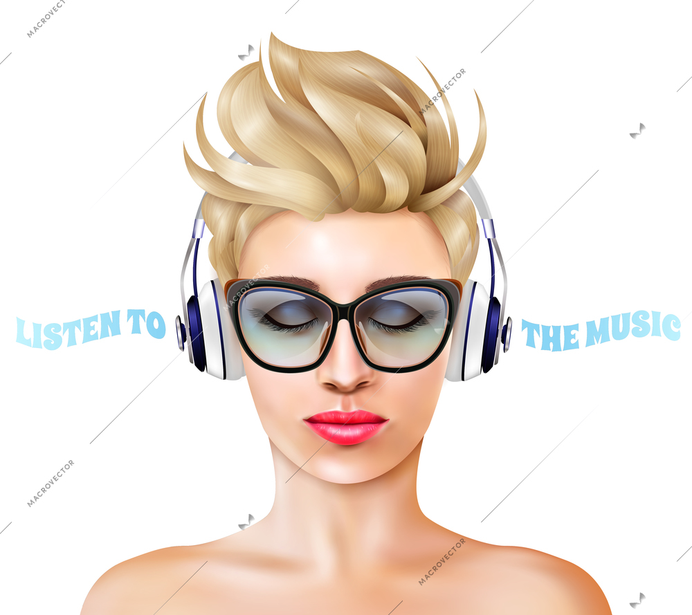 Young blonde woman listening to music through headphones on white background realistic vector illustration