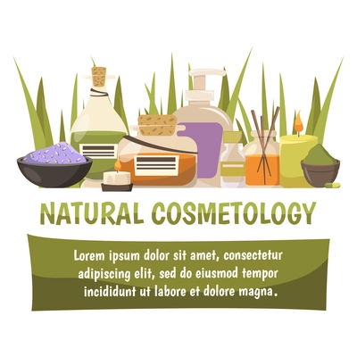 Natural cosmetology design composition with text banner and salt essential oil aroma candle icons flat vector illustration