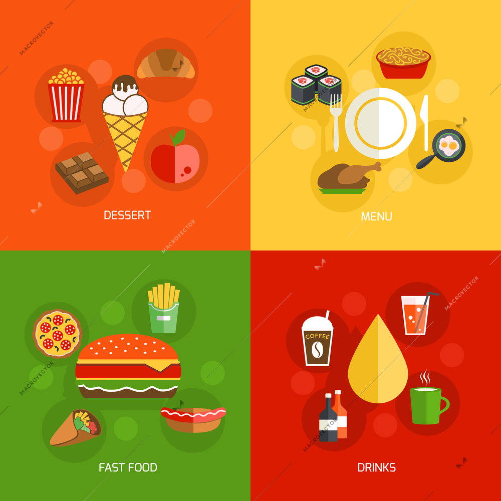 Fast food dessert menu drinks icons flat composition isolated vector illustration