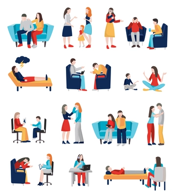 Psychologist counseling people collection of flat isolated human characters of family members communicating with couch doctors vector illustration