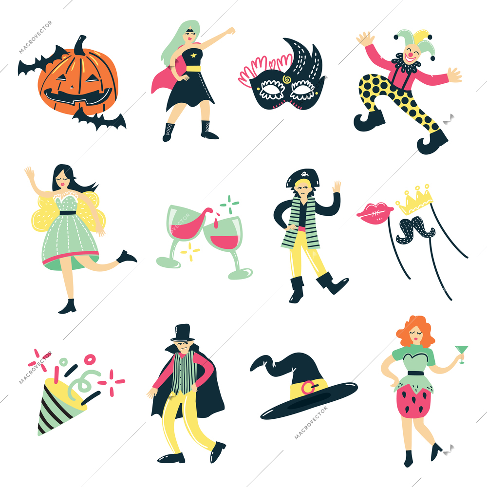 Costume party doodle collection of isolated human figures and masquerade fancy dress elements of character clothes vector illustration