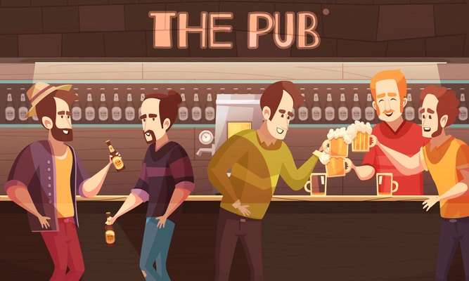 Beer pub flat vector illustration with male friends company drinking beer at bar counter background