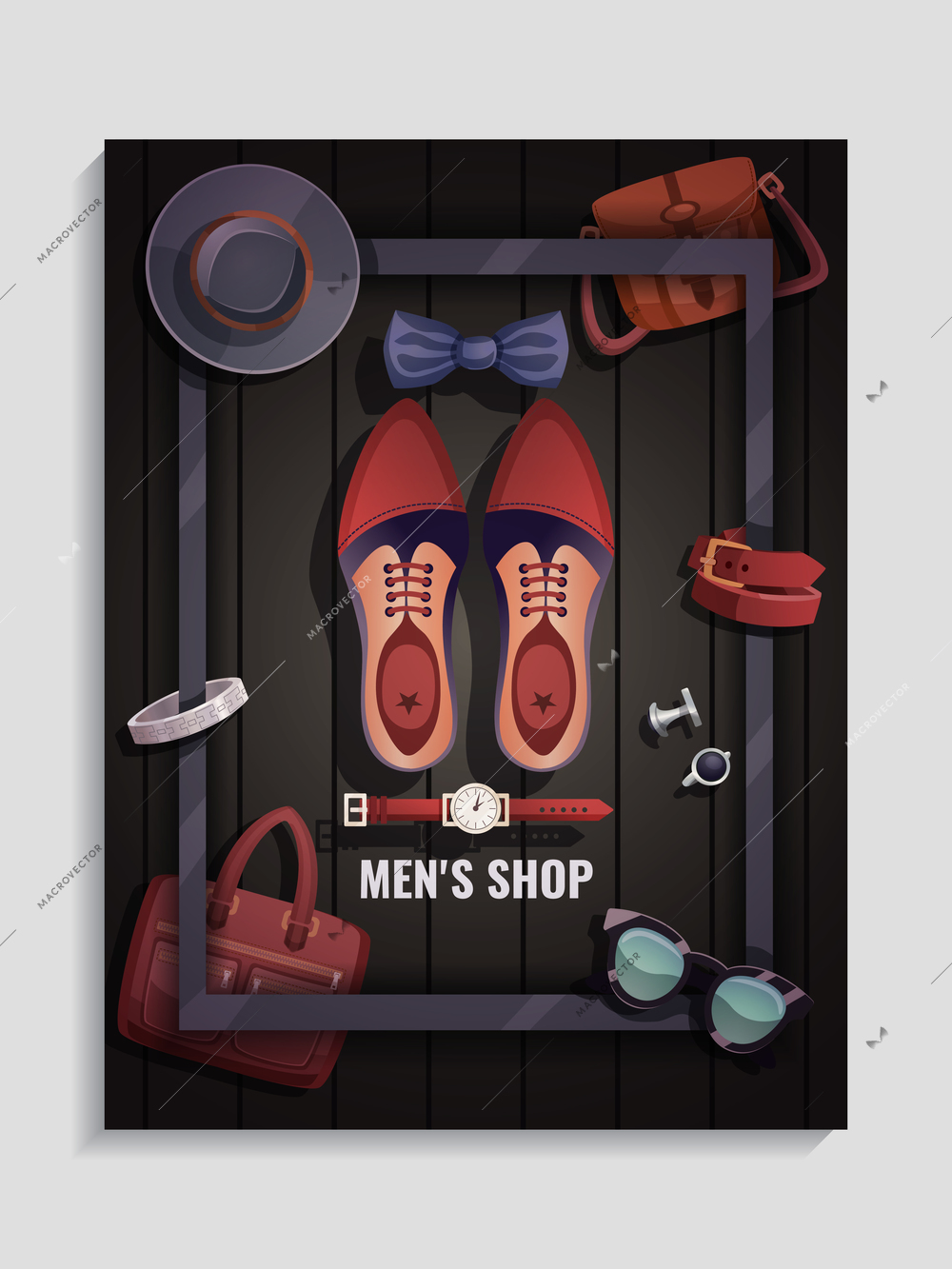Colored men accessories poster men s shop headline and shoes watch tie glass bag vector illustration