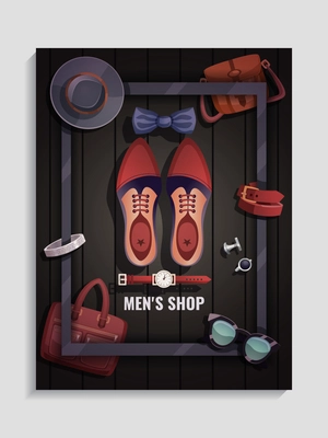 Colored men accessories poster men s shop headline and shoes watch tie glass bag vector illustration